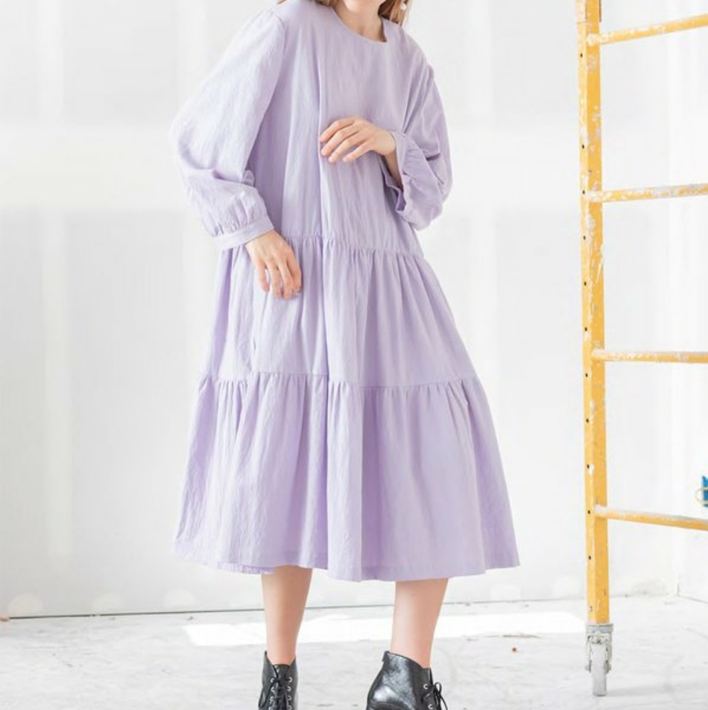 Women's Long Sleeve Tiered Midi Dress in Lavender